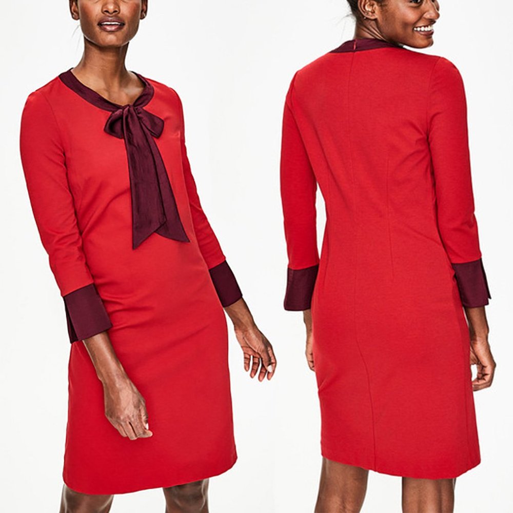 Boden Red Poinsettia Josie 3/4 Sleeve Dress Purple Trim Tie Neckline 16 Long XL